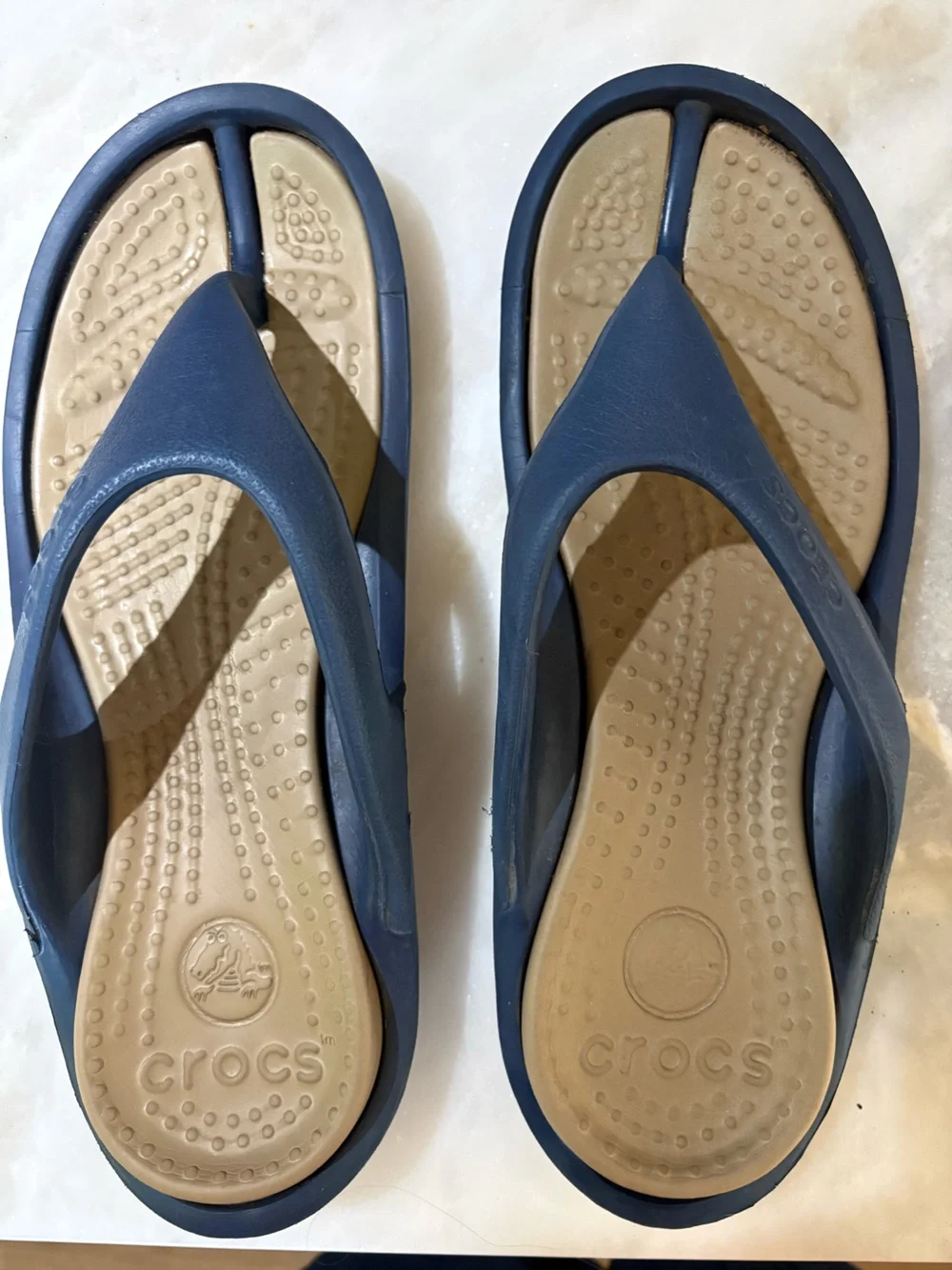 Crocs Blue/Tan Flip Flops Men 10/Women 12 Beach Pool Vacation Everyday